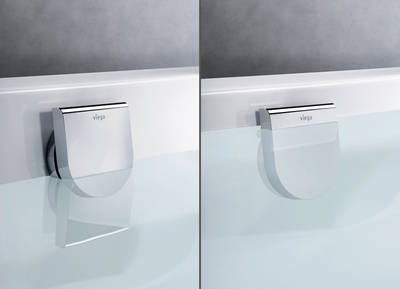 Die neuen Wannengarnituren aus der Multiplex-Serie von Viega ermöglichen es, den Wasserstand in der Badewanne um 5 Zentimeter anzuheben. Ein leichter Druck auf das Bedienelement genügt