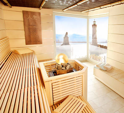 Röger fertigt individuelle Saunen, zum Beispiel mit Panoramafenster und außergewöhnlichem Saunaofen