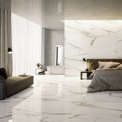 Prestigio mit seinen Spiegelungen und Marmor-Adern präsentiert sich in den neuen 120x240- und 120x120-Formaten noch eindrucksvoller