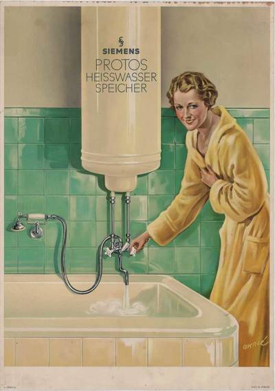 Werbeplakat für Heißwasserspeicher der Firma Siemens, 1920er Jahre