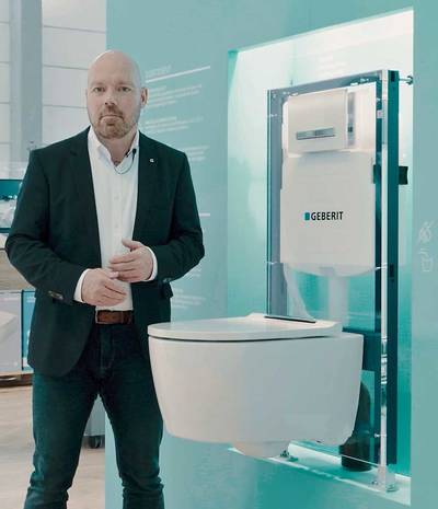 Definierte Touchpoints können per Mausklick oder Fingertipp auf mobilen Geräten aktiviert werden. Daraufhin präsentiert im Video ein Geberit Verkaufsberater in aller Kürze die wichtigsten Details.